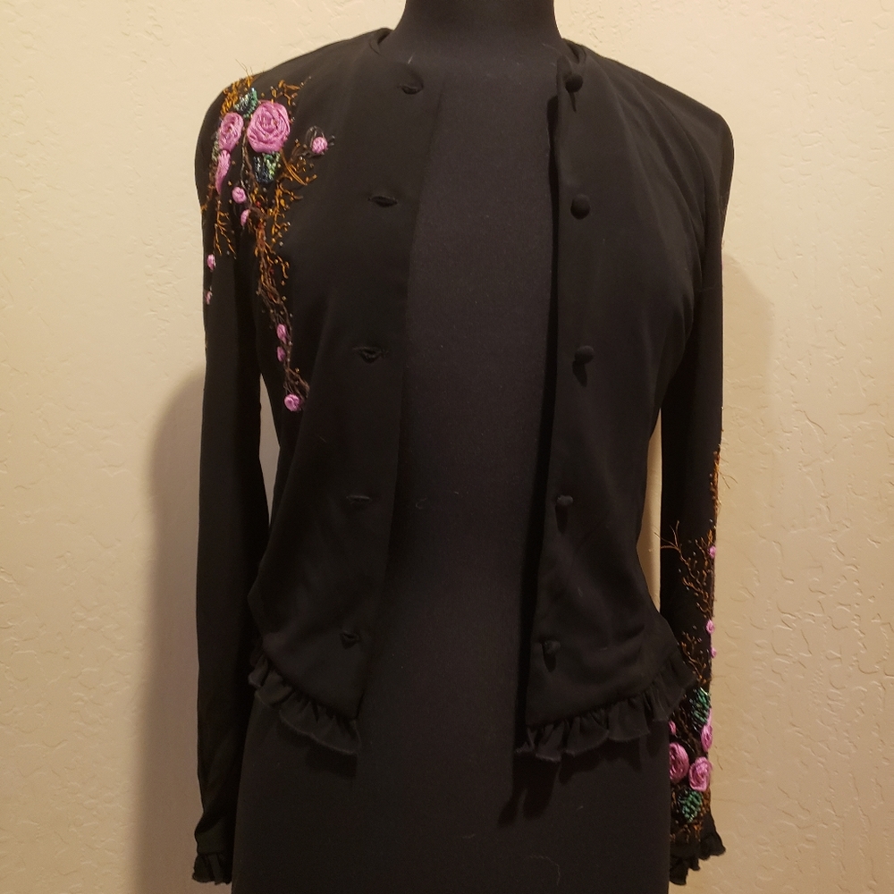 Basix II black embroidered beaded cardigan NWT 8